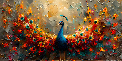 Oil painting, Modern art. Beautiful multicolored peacock Elegant Abstract Peacock Artwork - Majestic Beauty and Vibrant Colors.  - obrazy, fototapety, plakaty