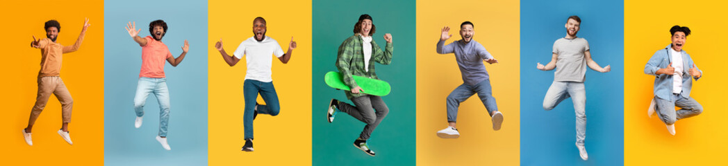 Collage of active energetic young men jumping over gradient colorful studio backgrounds