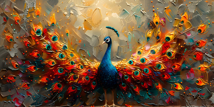 Fototapeta Oil painting, Modern art. Beautiful multicolored peacock Elegant Abstract Peacock Artwork - Majestic Beauty and Vibrant Colors. 