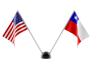 Stand with two national flags. Flags of USA and Chile. Isolated on a transparent background. 3d render