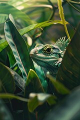A green lizard is peeking out from the leaves of a plant. The lizard is small and has a green and yellow color