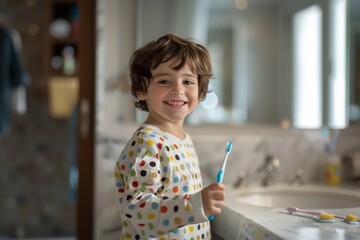 Smiling boy in a polka dot top holds a toothbrush in a well-lit bathroom