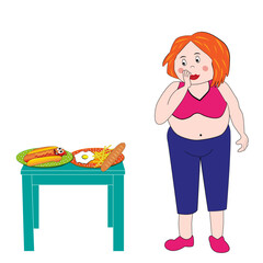 Mujer obesa observando platos con comida. - 766514332