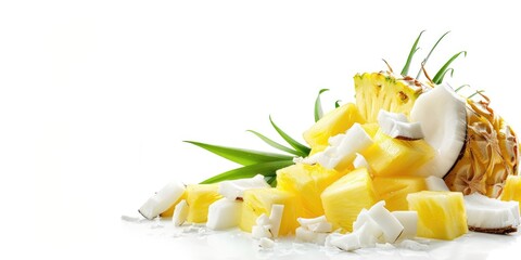 A pile of pineapple and coconut on a white background. Concept of tropical paradise and indulgence
