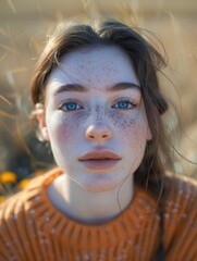A woman with blue eyes and freckles is wearing an orange sweater. She has a smile on her face and is looking directly at the camera