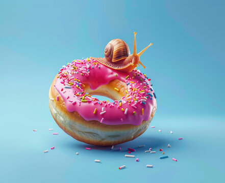A pink donut with sprinkles on it, sitting atop the back of a snail which is crawling along at great speed on a blue background