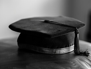 A black graduation cap with a tassel on it. The cap is sitting on a leather surface