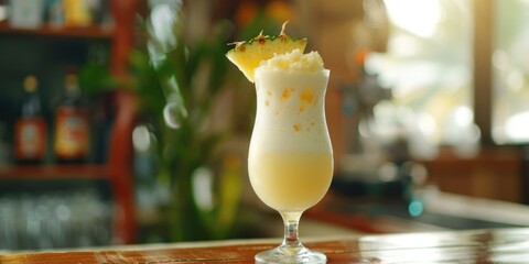 A glass of a drink with a pineapple slice on top. The drink is in a tall glass and is sitting on a wooden table