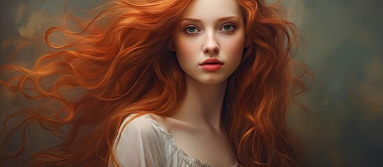 A close up image featuring a woman with flowing long red hair wearing a beautiful white dress