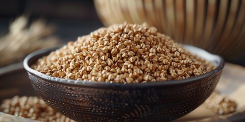 A bowl of grain is sitting on a table. The grain is brown and he is wheat