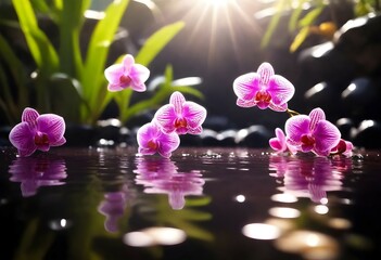 Delicate pink and purple orchids gracefully swaying near a bubbling hot spring, their petals reflecting the sunlight like tiny mirrors.