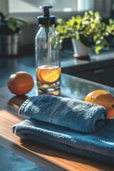 A blue towel is laying on a wooden table next to a bottle and an orange. The scene is simple and clean, with a focus on the towel and the bottle