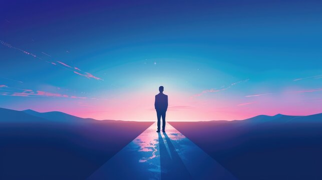 A man stands on a road in front of a beautiful sunset. The sky is a deep blue color with a pink hue, and the sun is setting in the distance. The man is looking off into the distance, lost in thought