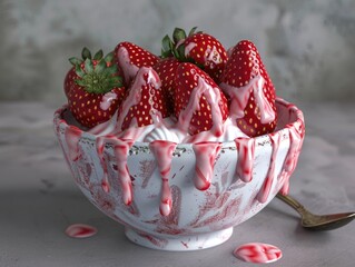 A bowl of strawberries with whipped cream and chocolate sauce. The bowl is placed on a table
