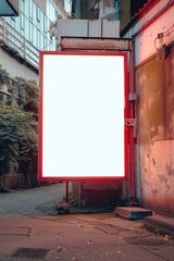 A large white billboard with a red border is standing in front of a brick wall. The billboard is empty, and the red border adds a pop of color to the scene