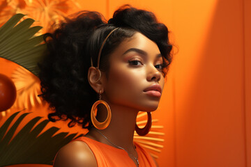 Gen Z beauty radiates confidence, showcasing a sleek hairstyle and fully displayed ear against a lively tangerine backdrop.