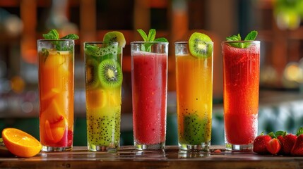 A row of colorful drinks with a green garnish on top. The drinks are in tall glasses and are arranged on a wooden table