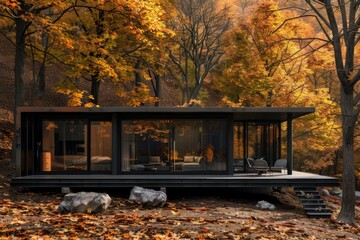 Exterior of ultramodern cottage in the wilderness during autumn foggy morning - obrazy, fototapety, plakaty