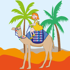 Paisaje con niña feliz montada en camello.