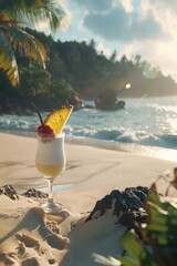A glass of white drink with a pineapple slice on top is sitting on a beach. The beach is a beautiful and relaxing setting