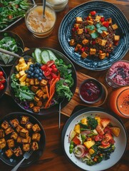 A table with a variety of food and drinks, including a bowl of tofu, a bowl of salad, and a bowl of fruit