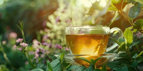 A cup of tea is sitting on a leafy green bush. The scene is peaceful and relaxing, with the tea and the surrounding plants creating a calming atmosphere