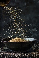 A bowl of white rice is being poured into the air. The rice is falling out of the bowl and onto the ground