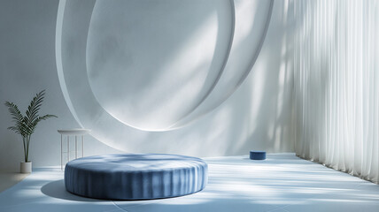 A blue round table sits in a room with white walls and white curtains