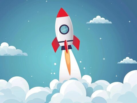 A rocket is flying through the sky with a blue background. The rocket is red and white. The sky is cloudy and the rocket is the main focus of the image