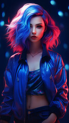 Illuminated by crimson lights, the influencer showcases her charm in a trendy oversized bomber, accentuating her cobalt-colored hair and captivating blue eyes. Cobalt-colored. Trendy.