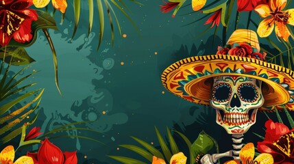 watercolor illustration, vintage postcard, Cinco de Mayo, Victory Day at Pueblo, painted skeleton in a bright sombrero, skull and bones, Mexican carnival costume