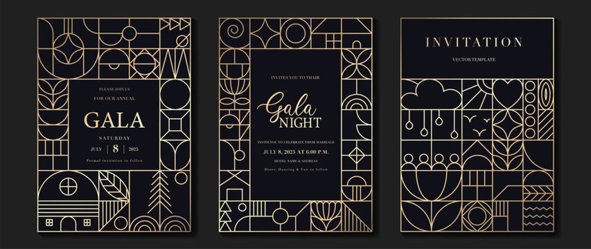 Naklejki Luxury invitation card background vector. Elegant classic antique design, gold lines gradient on dark blue background. Premium design illustration for gala card, grand opening, art deco.