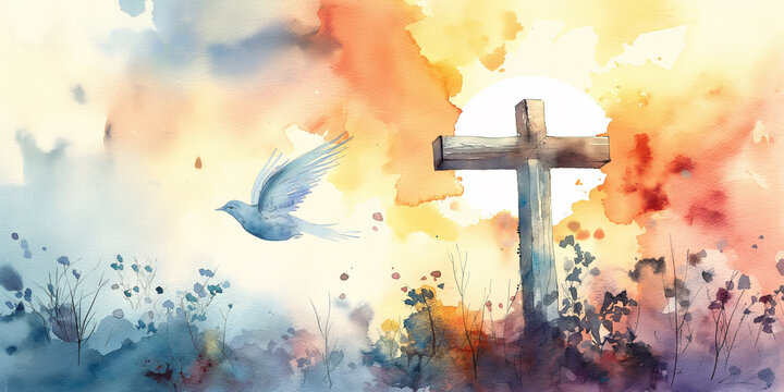 A painting of a cross with a bird flying over it
