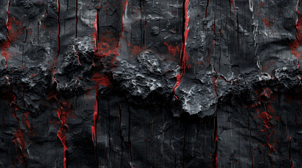 Red and black cracked rock texture with a lava-like appearance. - obrazy, fototapety, plakaty