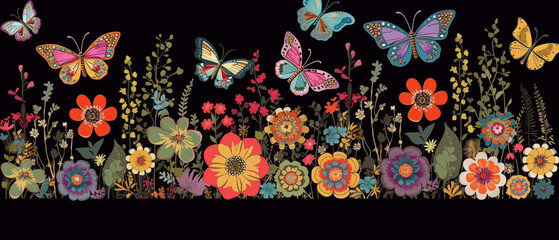 Floral seamless pattern with butterflies and flowers on black background. Vector illustration.