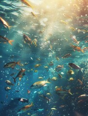 Fototapeta na wymiar A large group of fish swimming in the ocean. The fish are of various sizes and colors, creating a vibrant and lively scene. The water appears to be clear and calm, allowing the fish to move freely