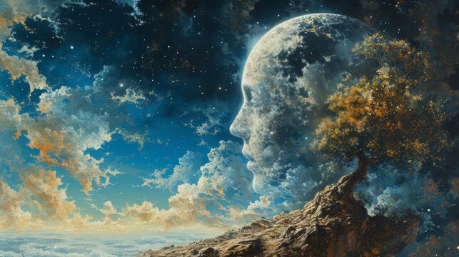 A surrealistic artwork depicting a moon with a human profile set against a cosmic backdrop intertwined with a lush tree, symbolizing the union of nature and the cosmos.