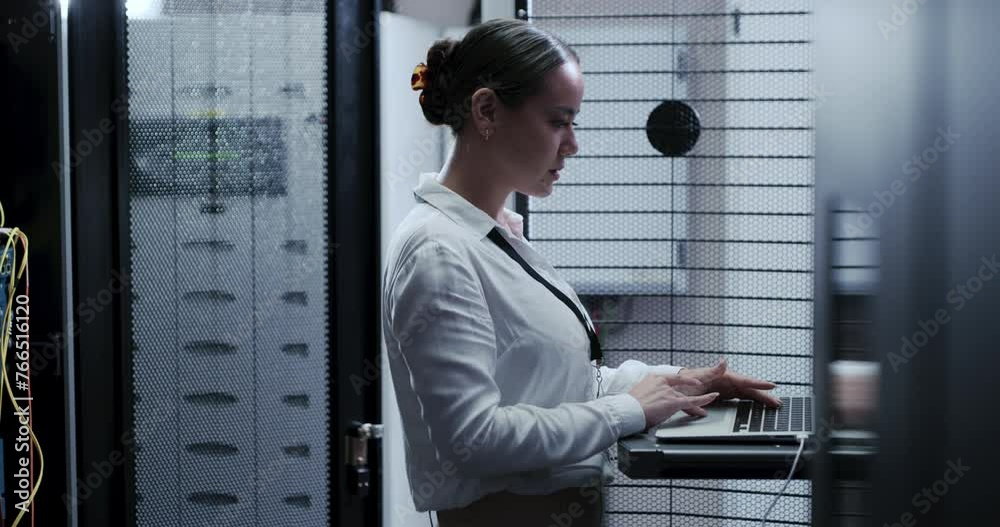 Poster Business woman, data center and computer for maintenance, system and hardware or software backup in cybersecurity. Asian technician with laptop engineering, coding inspection and server room solution