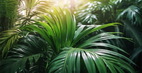 Natural tropical green palm leaves and sunlight background banner. wallpaper . Jungle poster