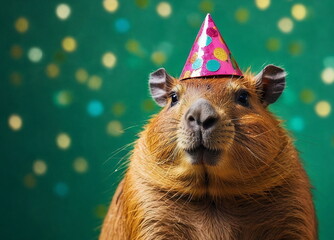 Funny party capybara wearing colorful birthday hat on green bokeh background with copy space. Birthday background. Funny animals