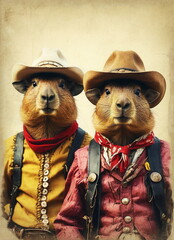 Two capybara Cowboys vintage illustration art poster. Capybara cheriff wearing in cowboy costume. portrait. Funny animals