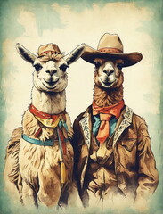 Cowboys llama alpaca  vintage illustration art poster. Llama cheriff wearing in cowboy costume. portrait. Funny animals