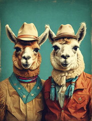 Cowboys llama alpaca  vintage illustration art poster. Llama cheriff wearing in cowboy costume. portrait. Funny animals