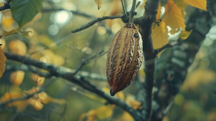 A large brown cocoa bean hanging from a tree. The tree is full of leaves and the cocoa bean is surrounded by them - obrazy, fototapety, plakaty