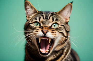 The tabby cat growls while looking at the camera. Ferocious cat hisses with open mouth.