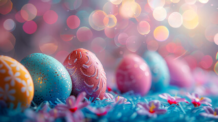 Festive Easter banner in the highlights of the side. The Concept Of The Easter Holiday. Easter eggs, chickens, spring grass, spring flowers. Christian Easter attributes. A place to place a text, a bus - obrazy, fototapety, plakaty