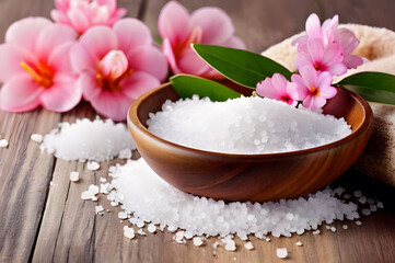 A handful of bath salts with pink flowers on a wooden surface