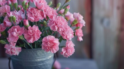 A vase of pink carnations sits on a table. The flowers are arranged in a way that makes them look like they are in a bouquet. The vase is made of metal and has a rustic look to it