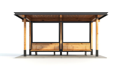 A wooden covered shelter with two benches and a window. The bench is empty. The shelter is on a white background - obrazy, fototapety, plakaty