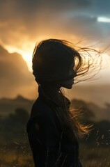 Woman Silhouetted Against Sky in Early Evening Twilight as the Wind Blows her Hair.  Generative AI.
